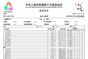 全运男足U20决赛-广东vs湖北首发：梅帅军、韦所为、范绪林登场